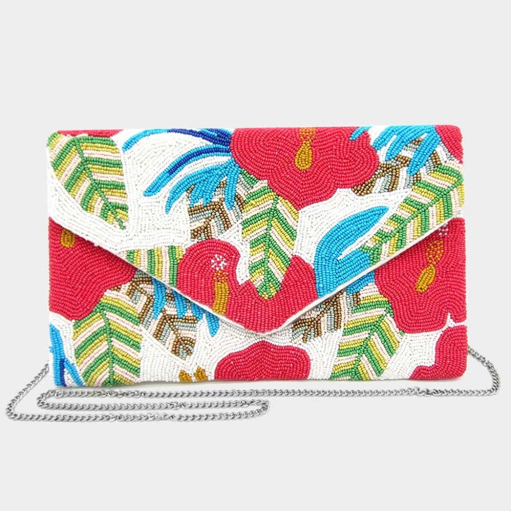 HAND BEADED SEED BEAD FLORAL CROSSBODY /CLUTCH BAG